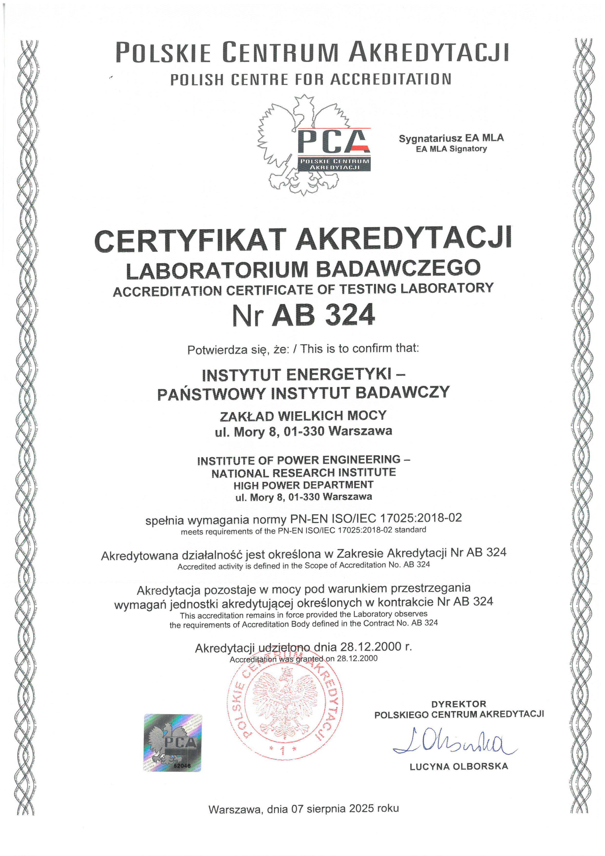 AB 324 certyfikat