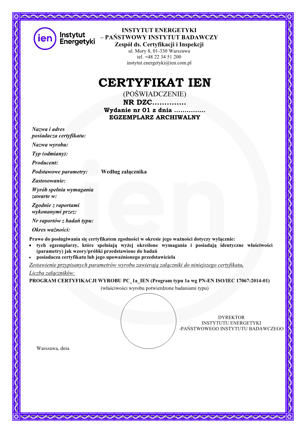 PJC 01 z11 IEN wzor certyfikakt IEN1