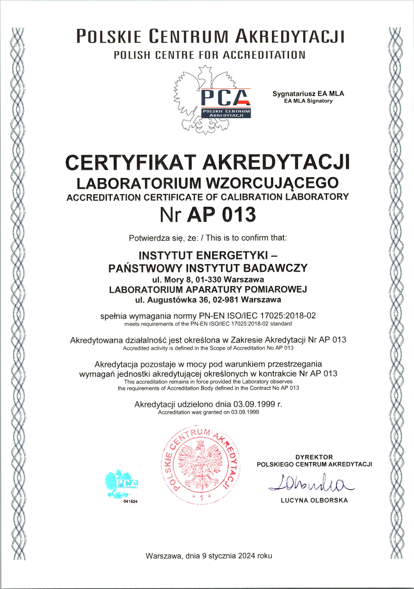Certyfikat Akredytacji AP 013 2020